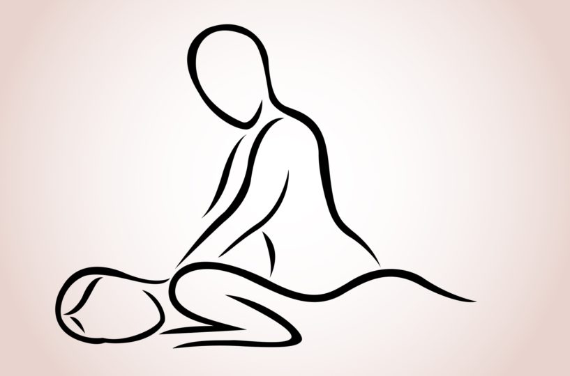 Eine Schwarz-Weiß-Illustration einer Frau, die eine Massage macht.