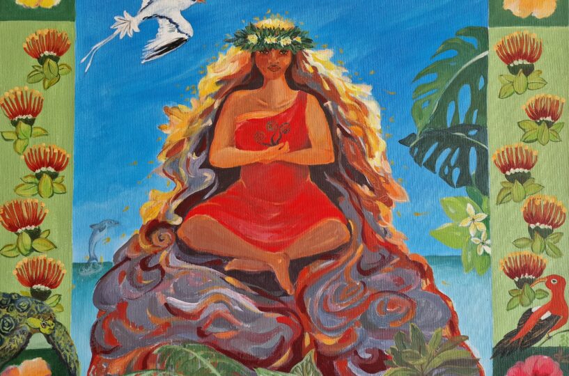 Ein Gemälde einer hawaiianischen Frau, die auf einem Felsen sitzt.