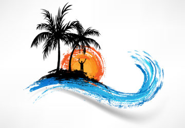 Eine Insel mit Palmen und Wellen