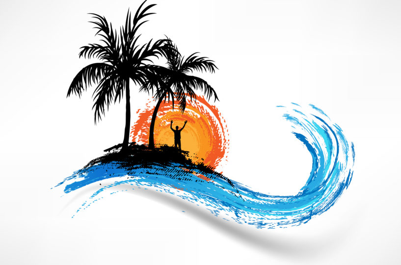 Eine Insel mit Palmen und Wellen