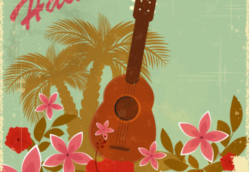 Hawaiianische Ukulele und Blumen