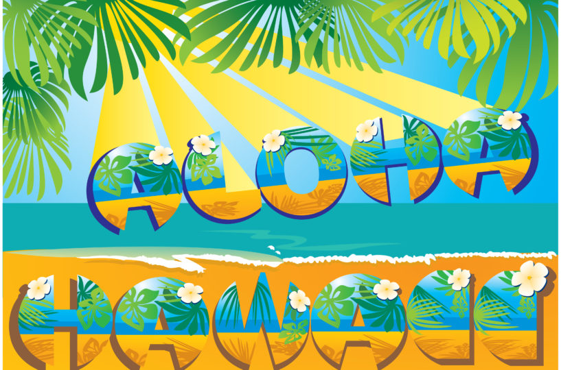 Das Wort Aloha Hawaii an einem Strand mit Palmen.