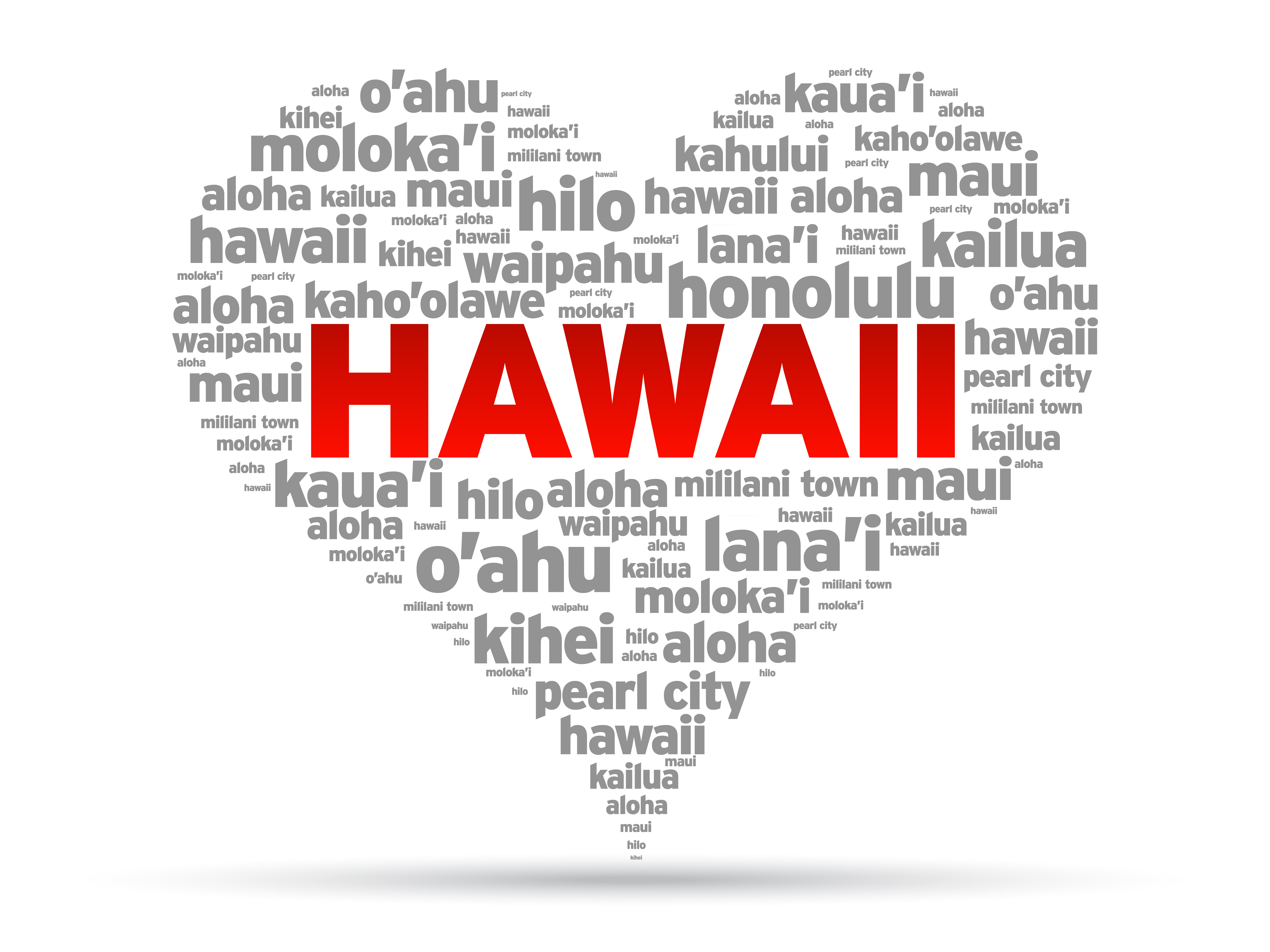 Eine herzförmige Wortwolke mit dem Wort Hawaii.